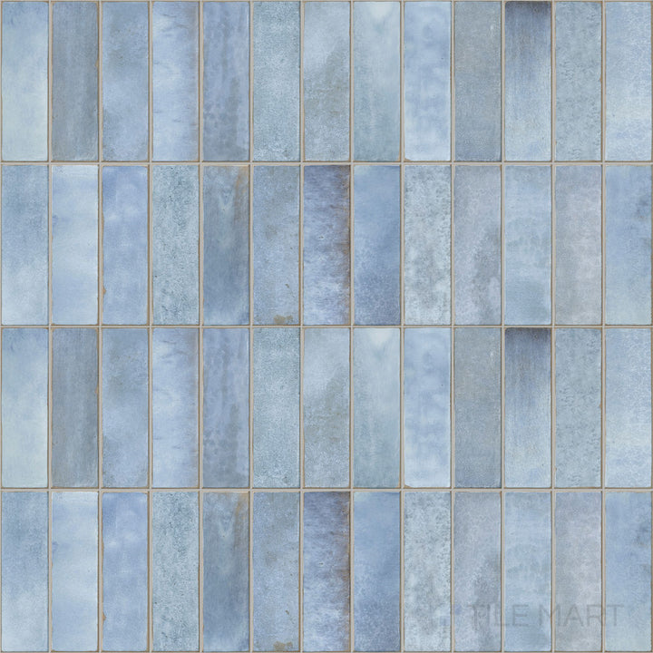 Overview of Decoris Artis Light Blue 13x25 glossy porcelain tile, assembled to show its bold, luminous sheen.