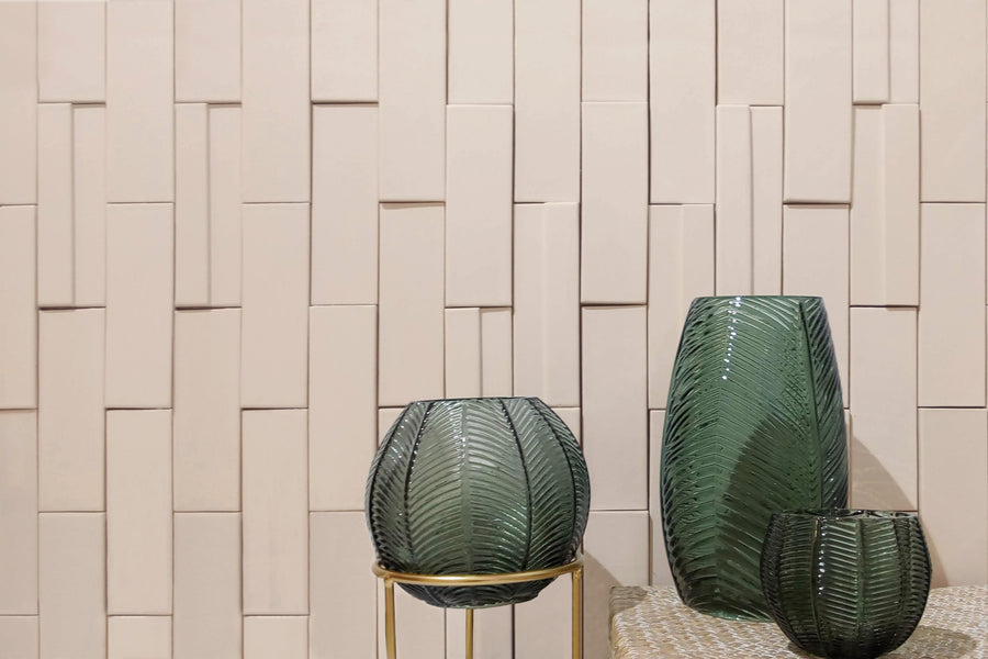 Casablanca Champagne 2x6 glossy ceramic subway extruded tile conveying a warm champagne character with its classic subway format and light-catching glossy finish