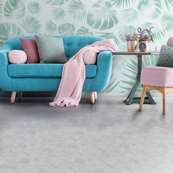 Casablanca Pearl Gray 5.5x6 hexagon matte porcelain rectified tile showcasing its bold geometric honeycomb pattern with a cool pearl grey matte character