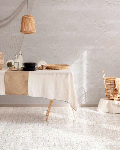 Casablanca Champagne Flower Deco hexagon matte porcelain tile conveying a delicate, patterned elegance with its intricate floral motif and warm champagne matte finish