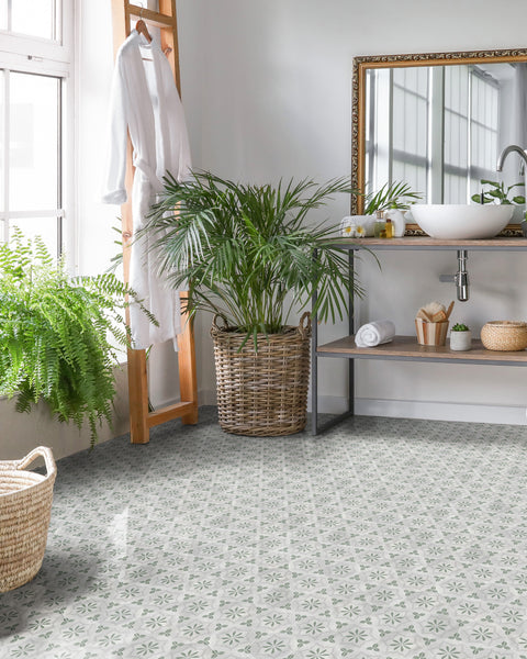 Casablanca Emerald Flower Deco hexagon matte porcelain tile conveying a delicate, patterned elegance with its intricate floral motif and rich emerald green matte finish