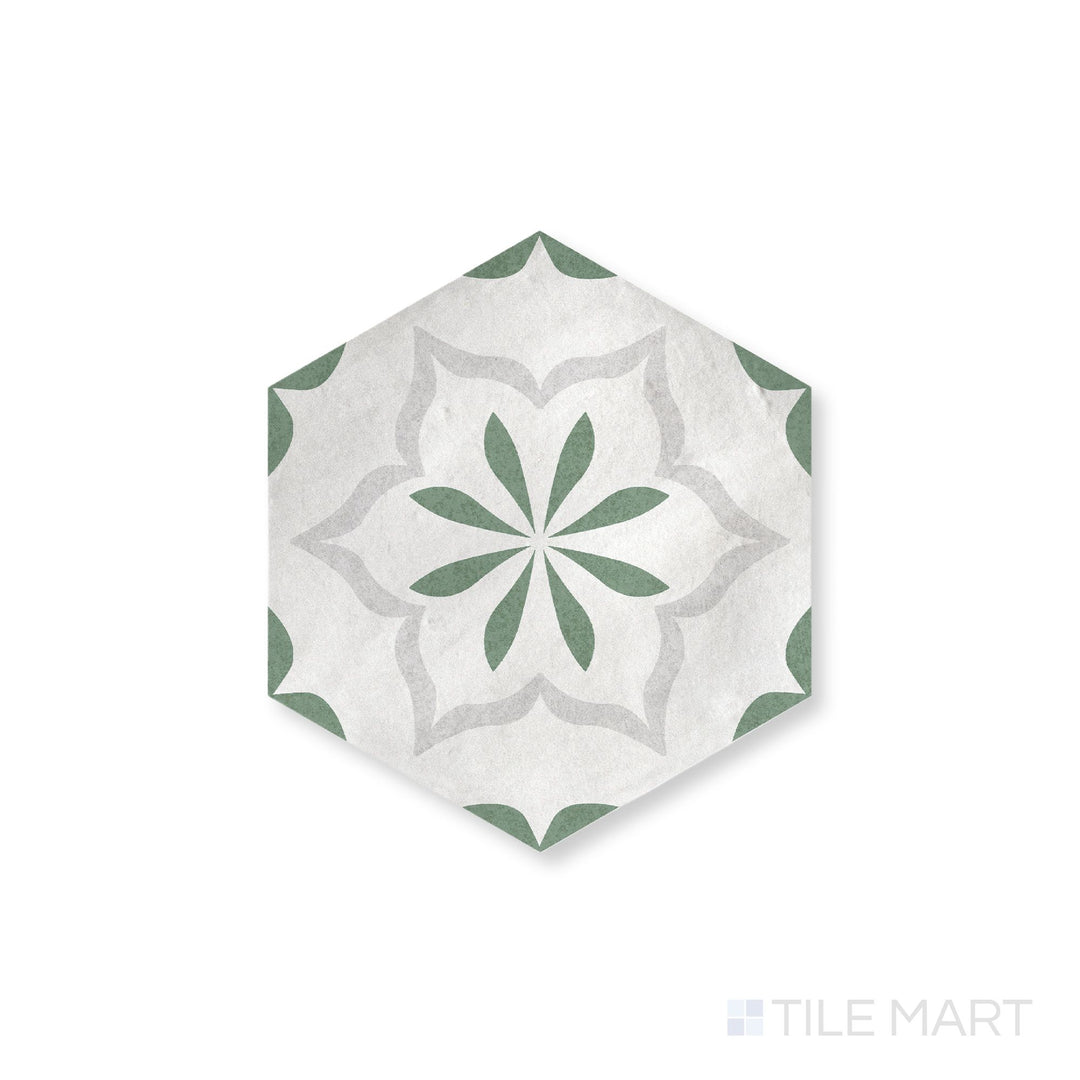 Casablanca Emerald Flower Deco 5.5X6 Hexagon Matte Porcelain Rectified Tile