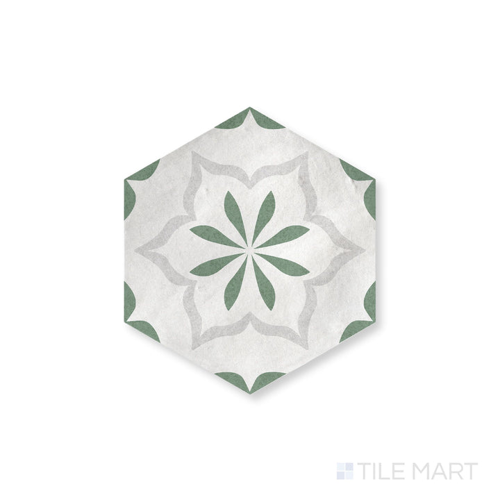 Casablanca Emerald Flower Deco 5.5X6 Hexagon Matte Porcelain Rectified Tile
