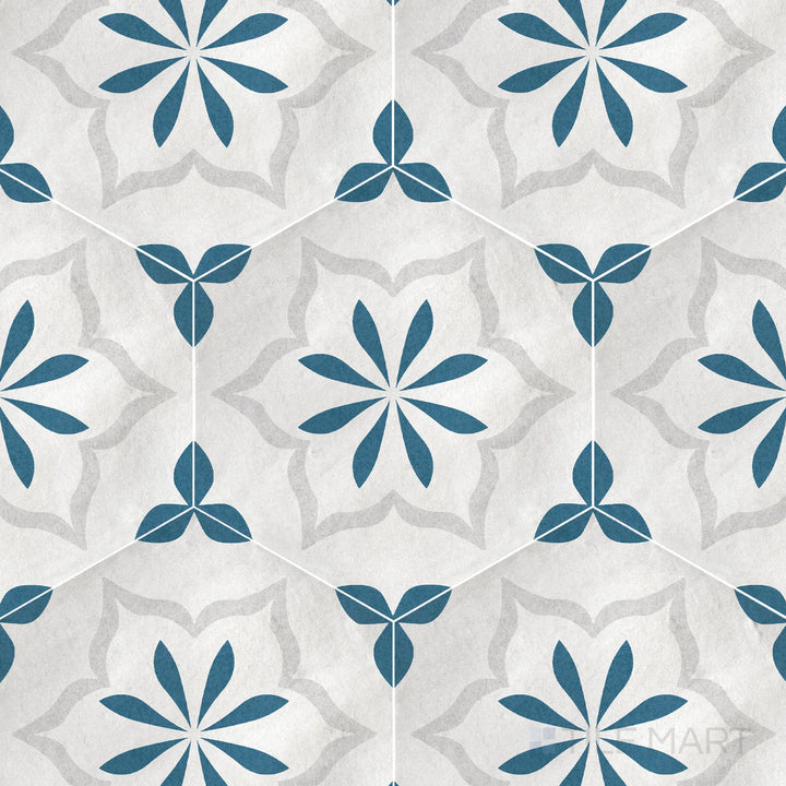 Casablanca Ocean Blue Flower Deco 5.5X6 Hexagon Matte Porcelain Rectified Tile