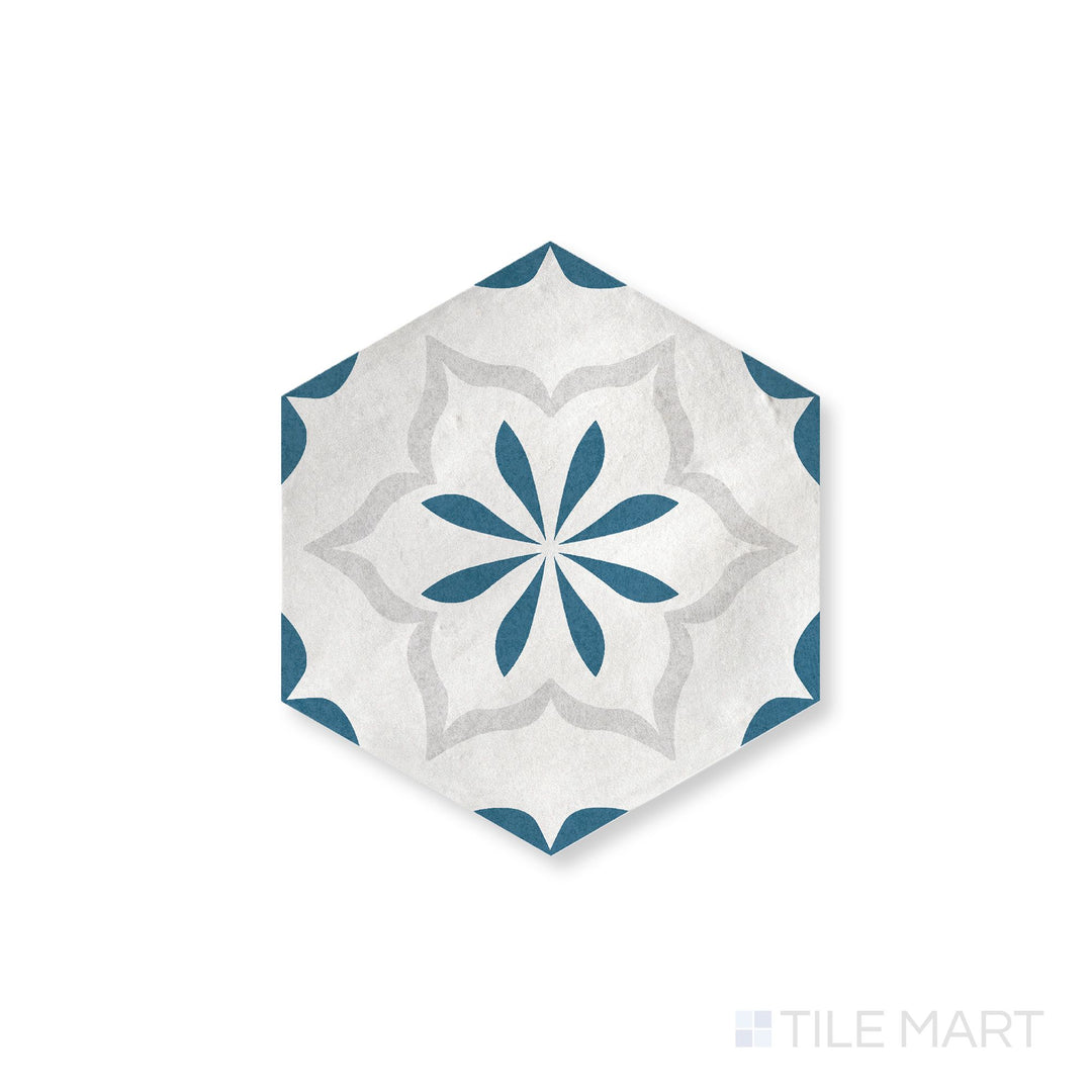 Casablanca Ocean Blue Flower Deco 5.5X6 Hexagon Matte Porcelain Rectified Tile