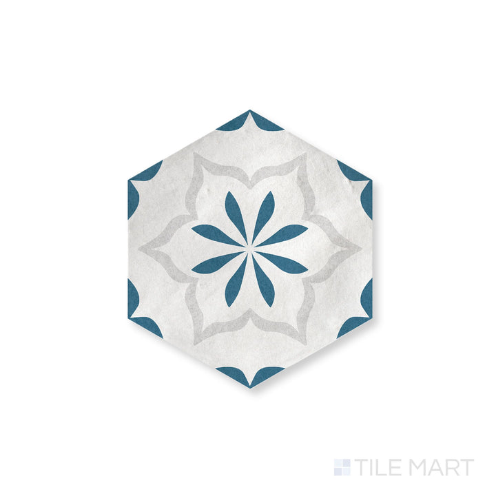 Casablanca Ocean Blue Flower Deco 5.5X6 Hexagon Matte Porcelain Rectified Tile