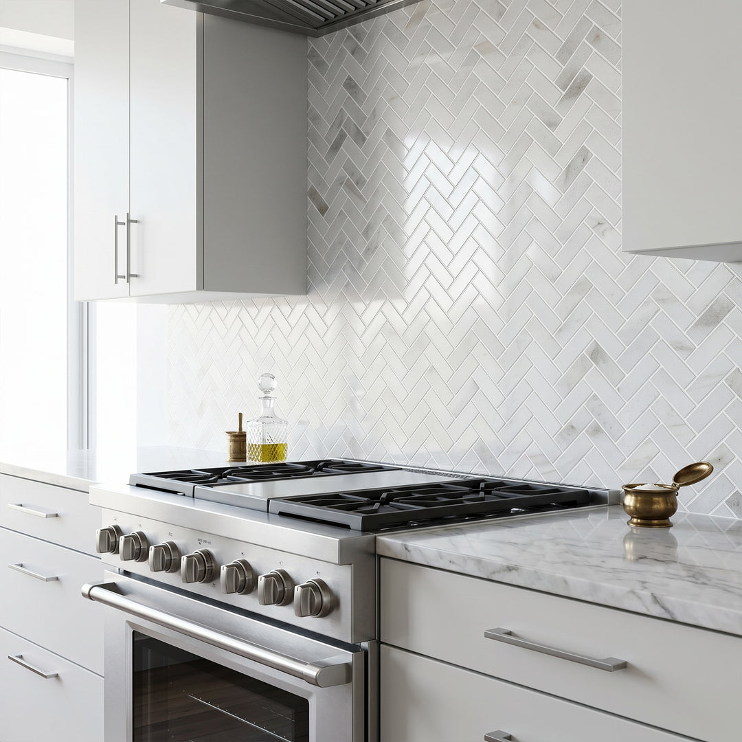 Classics 2.0 Macael White 1X3 Herringbone Gloss Porcelain Mosaic