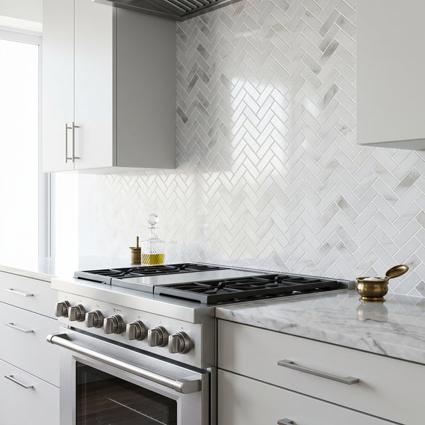 Classics 2.0 Macael White 1x3 herringbone gloss porcelain mosaic showcasing a dynamic diagonal rhythm with its clean Macael white gloss finish