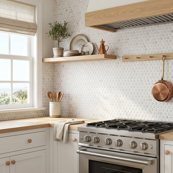 Classics 2.0 Macael White 1-inch penny round matte porcelain mosaic conveying a playful, retro character with its clean Macael white circular dot pattern