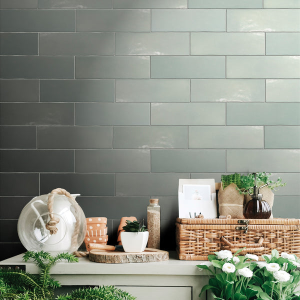 Marrakesh Medina Green 2.5x8 semi-gloss ceramic subway tile conveying a Moroccan-inspired character with its earthy Medina green tone and soft semi-gloss finish