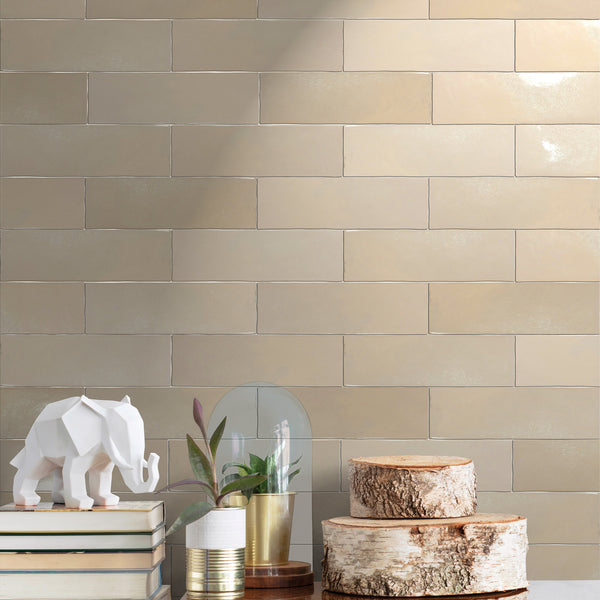 Marrakesh Tantan Beige 2.5x8 semi-gloss ceramic subway tile conveying a Moroccan-inspired character with its warm Tantan beige tone and soft semi-gloss finish