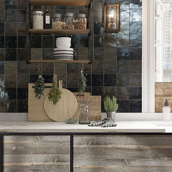 Marrakesh Berber Black 4x4 semi-gloss ceramic tile reflecting a Moroccan-inspired warmth with its deep Berber black tone and softly lustrous semi-gloss finish