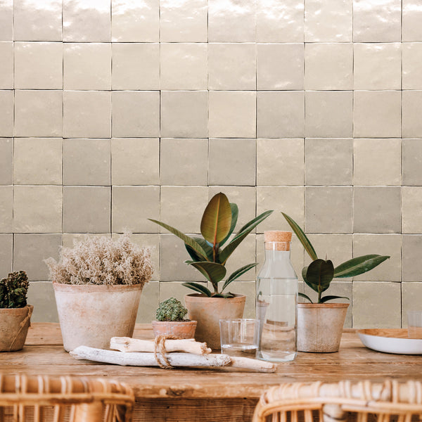 Marrakesh Tantan Beige 4x4 semi-gloss ceramic tile reflecting a Moroccan-inspired warmth with its warm Tantan beige tone and softly lustrous semi-gloss finish