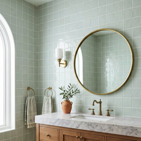 Melody Mint Grey 5x5 glossy ceramic tile reflecting a clean, vibrant character with its soft mint grey tone and bright glossy finish