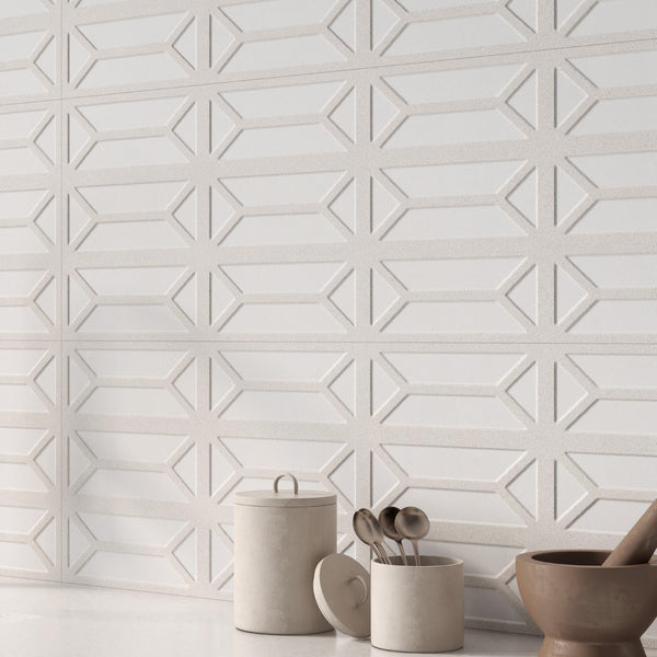 New Dimensions Ivory Bevel 12x36 matte ceramic textured panel conveying a bold architectural character with its distinctive ivory bevel surface relief