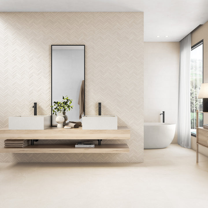 New Dimensions Ivory Herringbone 12X36 Matte Ceramic Textured Panel
