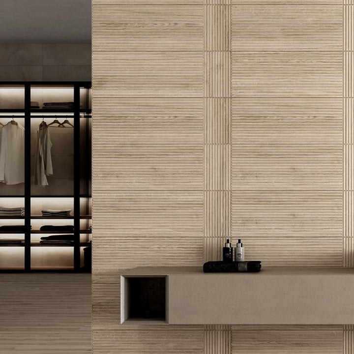 New Dimensions Light Oak Linear 12X36 Matte Ceramic Textured Panel