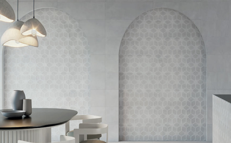 New Dimensions Moon Concave 12x36 matte ceramic textured panel conveying a bold architectural character with its distinctive moon concave surface relief