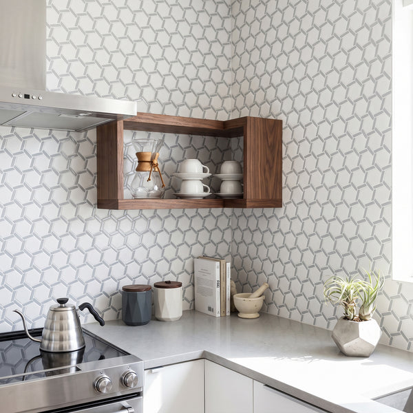 Northern Lights Asteroid hex wheel matte glass mosaic conveying a cosmic, celestial character with its dark asteroid tone and intricate geometric wheel pattern