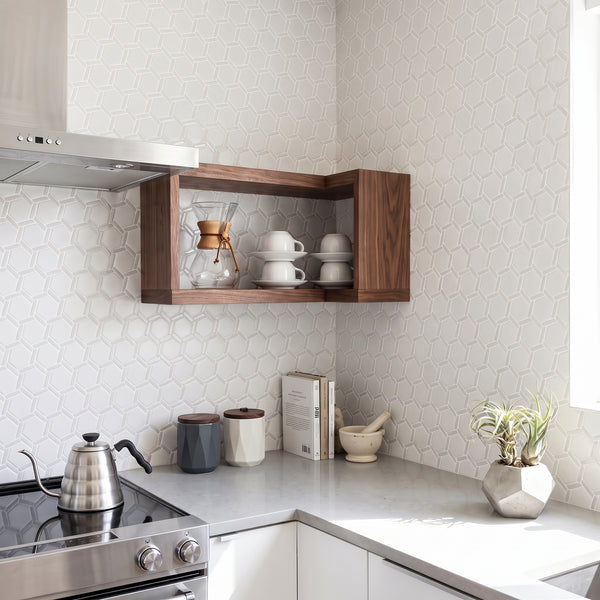 Northern Lights Moon hex wheel matte glass mosaic conveying a cosmic, celestial character with its soft moon tone and intricate geometric wheel pattern
