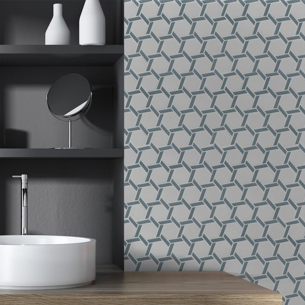 Northern Lights Neptune hex wheel matte glass mosaic conveying a cosmic, celestial character with its cool Neptune tone and intricate geometric wheel pattern