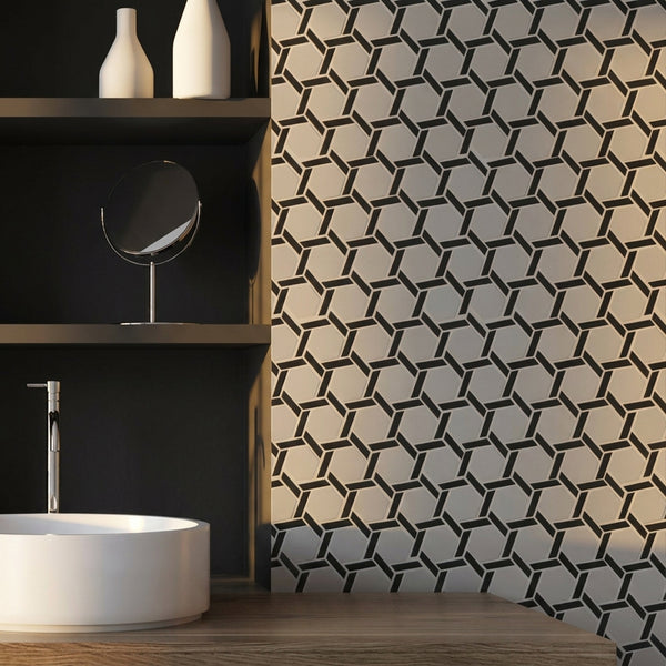 Northern Lights Galaxy hex wheel matte glass mosaic conveying a cosmic, celestial character with its rich galaxy tone and intricate geometric wheel pattern