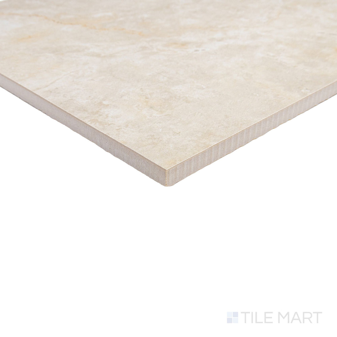 Corner shot of Parisian Chequer Creme 12x12 honed porcelain rectified tile revealing its rectified edge profile and creme honed matte surface