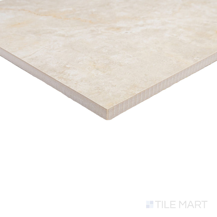 Corner shot of Parisian Chequer Creme 12x12 honed porcelain rectified tile revealing its rectified edge profile and creme honed matte surface