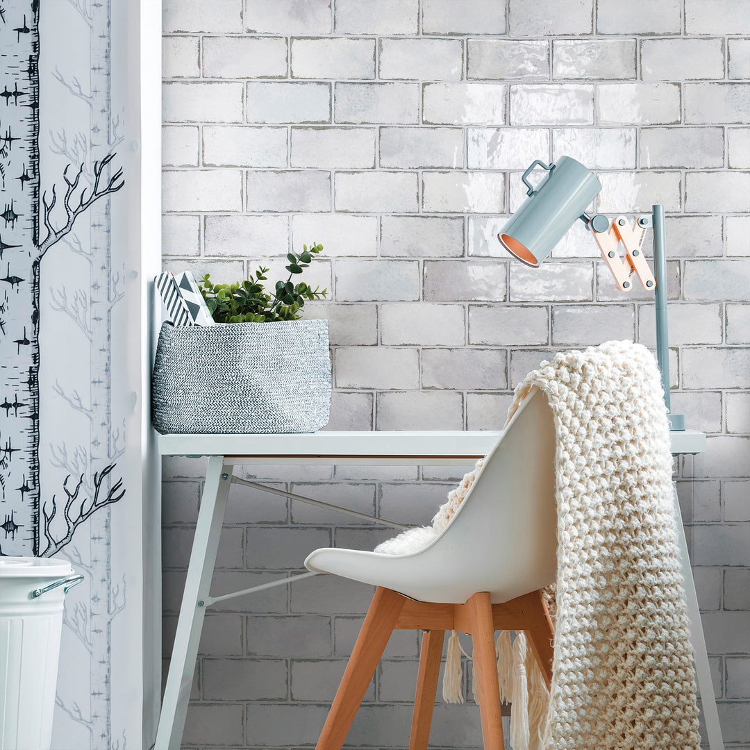 Retrospectives Enchanted Mist 3x6 glossy ceramic subway tile conveying a timeless, vintage-inspired character with its soft enchanted mist tone and classic glossy finish