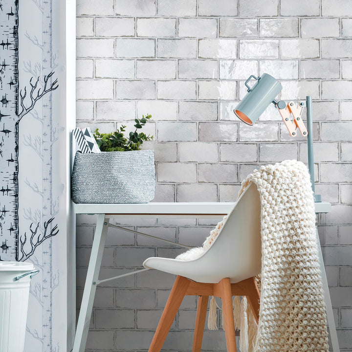 Retrospectives Enchanted Mist 3x6 glossy ceramic subway tile conveying a timeless, vintage-inspired character with its soft enchanted mist tone and classic glossy finish