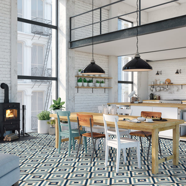 Retrospectives Royal Blues 8x8 matte porcelain tile reflecting a vintage-inspired warmth with its bold royal blue tone and clean matte finish