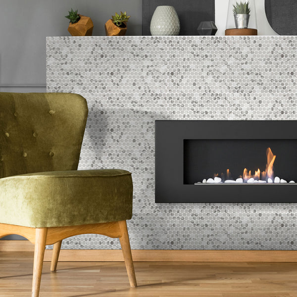 Simple Stone Bianco penny round glass mosaic conveying a playful, retro character with its crisp bianco white tone and circular glass dot pattern