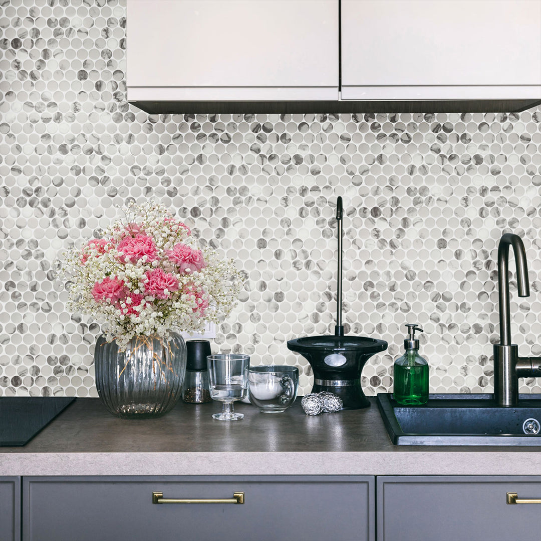 Simple Stone Bianco Penny Round Matte And Glossy Glass Mosaic