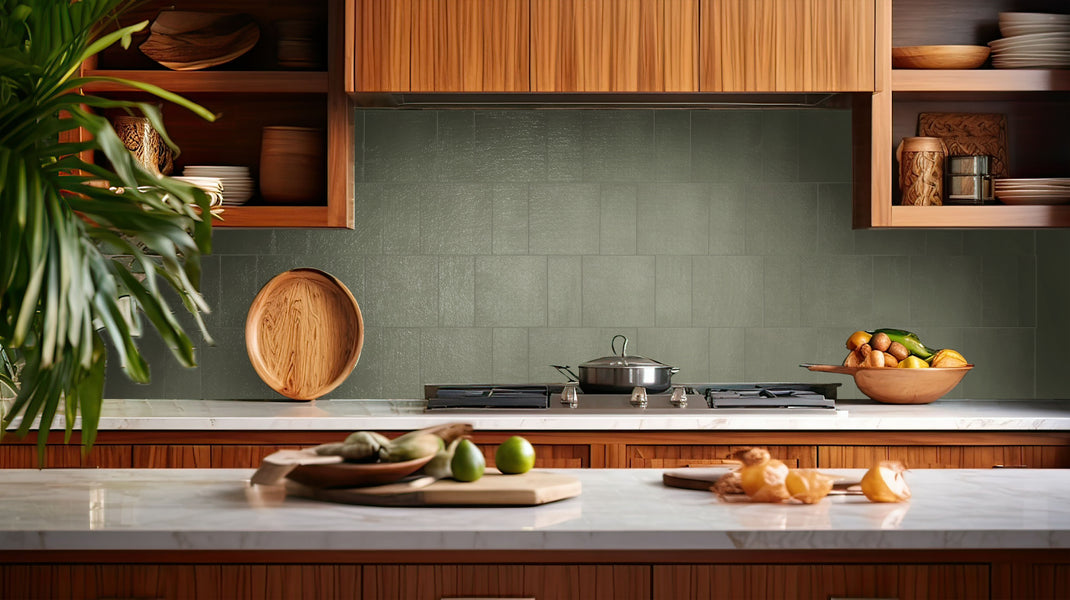 Spatula Sage Mist 3.5x7 matte porcelain subway tile conveying a modern, artisanal character with its cool sage mist tone and understated matte finish