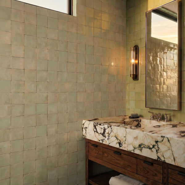 Zellige Classique Mint Tea 4x4 glossy terracotta hand cut tile reflecting an authentic Moroccan artisan character with its fresh mint tea tone and rich glaze variation