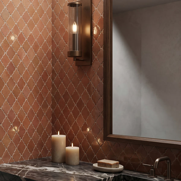 Zellige Classique Al Hamra Papillon glossy terracotta hand cut mosaic conveying an ornate Moroccan craftsmanship with its distinctive al hamra papillon pattern and rich glaze variation