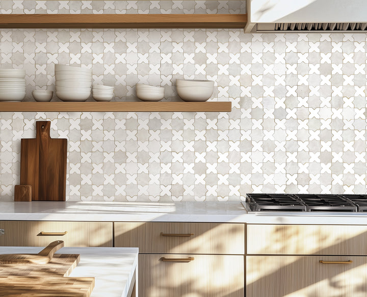 Zellige Classique Lambswool, Atlat White Star & Cross Glossy Terracotta Hand Cut Mosaic