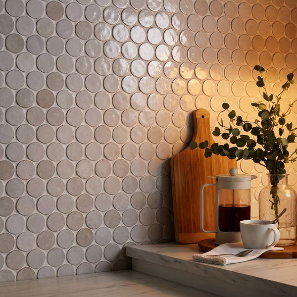 Zellige Bespoke Desert Pearl 4x4 glossy terracotta hand cut tile conveying a contemporary artisan character with its soft desert pearl tone and signature glaze variation