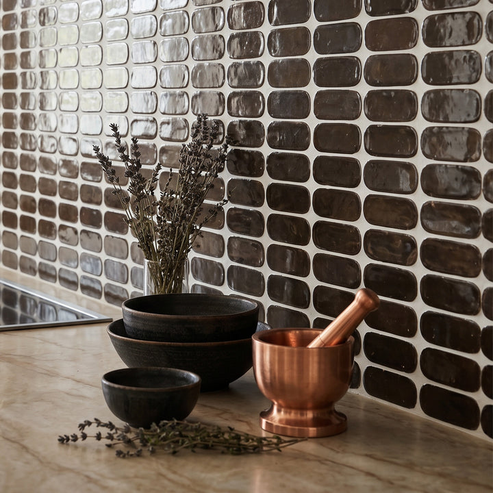 Zellige Bespoke Espresso Noire 2X6 Long Oval Glossy Terracotta Subway Hand Cut Tile