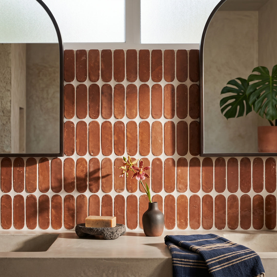 Zellige Bespoke Sundried Clay 2X6 Long Oval Glossy Terracotta Subway Hand Cut Tile