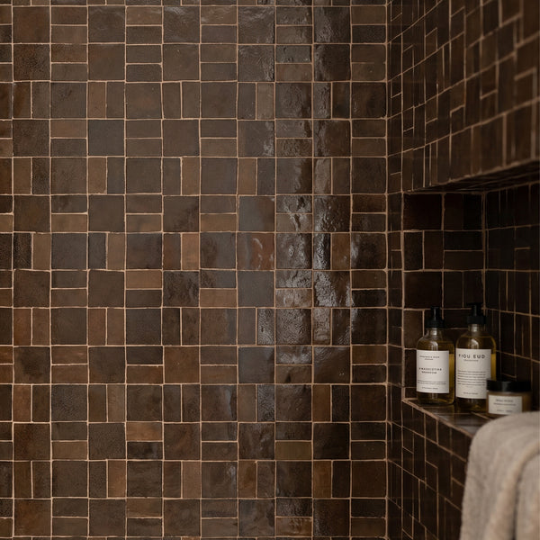 Zellige Bespoke Espresso Noire 2x2 crosshatch glossy terracotta hand cut mosaic conveying a rich artisan texture with its deep espresso noir tone and geometric crosshatch pattern