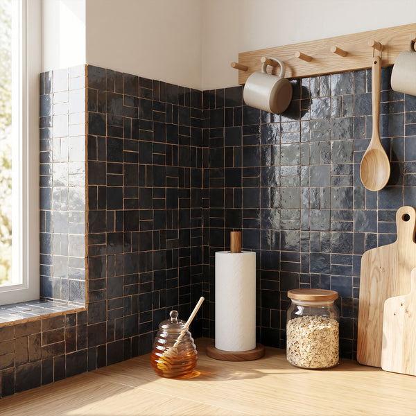 Zellige Bespoke Indigo Mist 2x2 crosshatch glossy terracotta hand cut mosaic conveying a rich artisan texture with its cool indigo mist tone and geometric crosshatch pattern