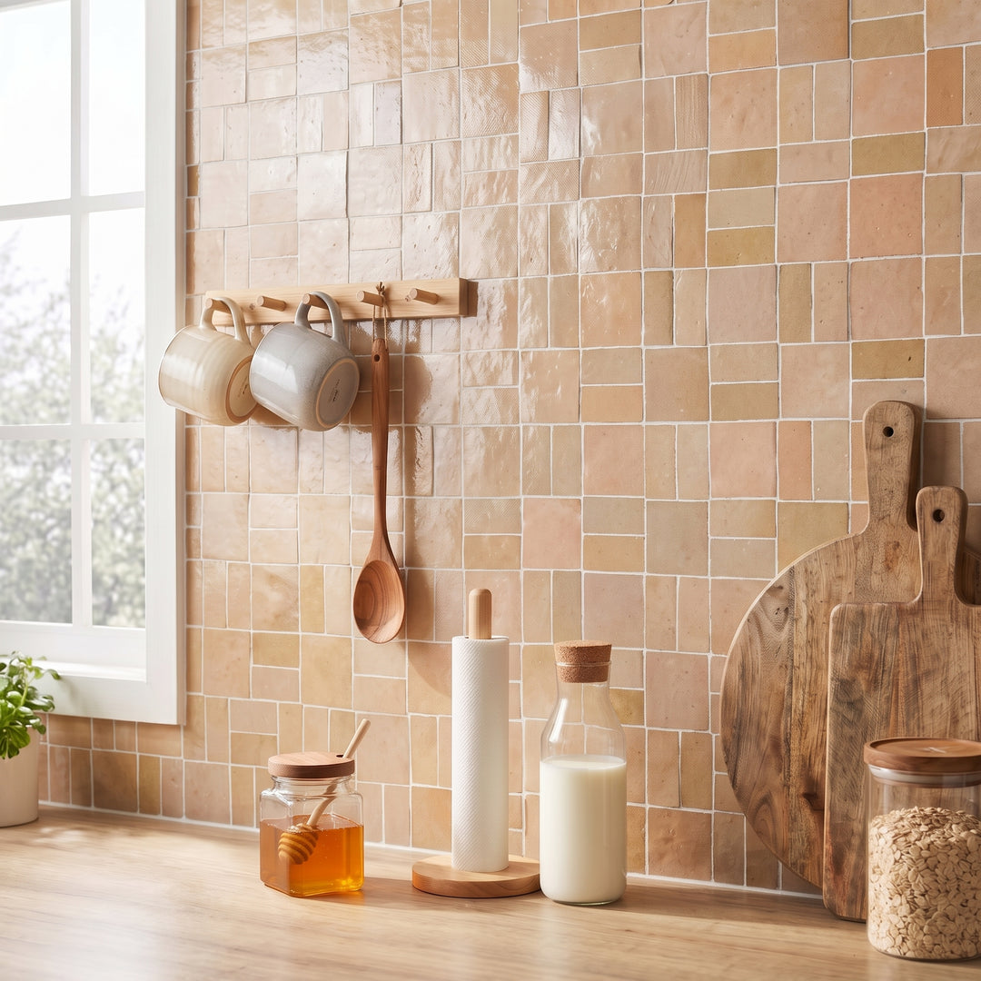 Zellige Bespoke Nomad Sand 2X2 Crosshatch Glossy Terracotta Hand Cut Mosaic