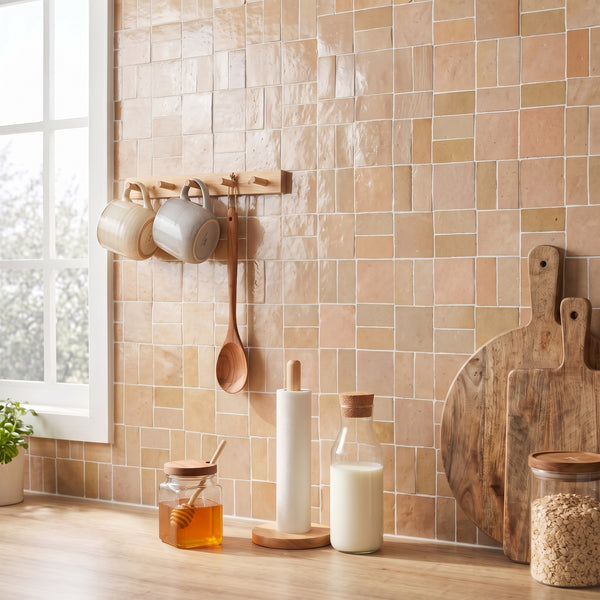 Zellige Bespoke Nomad Sand 2x2 crosshatch glossy terracotta hand cut mosaic conveying a rich artisan texture with its warm nomad sand tone and geometric crosshatch pattern