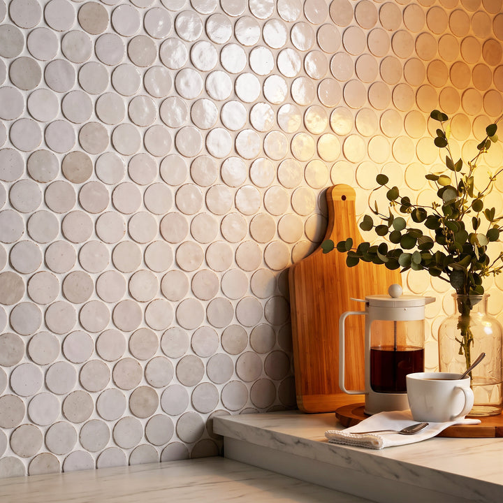 Zellige Bespoke Desert Pearl 2" Circle Glossy Terracotta Hand Cut Mosaic