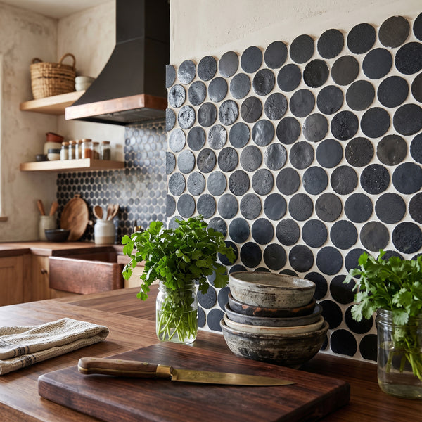 Zellige Bespoke Indigo Mist 2-inch circle glossy terracotta hand cut mosaic conveying a playful artisan character with its cool indigo mist tone and circular hand cut tile pattern