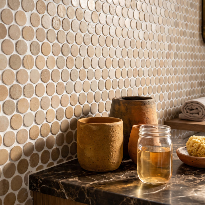 Zellige Bespoke Nomad Sand 2" Circle Glossy Terracotta Hand Cut Mosaic
