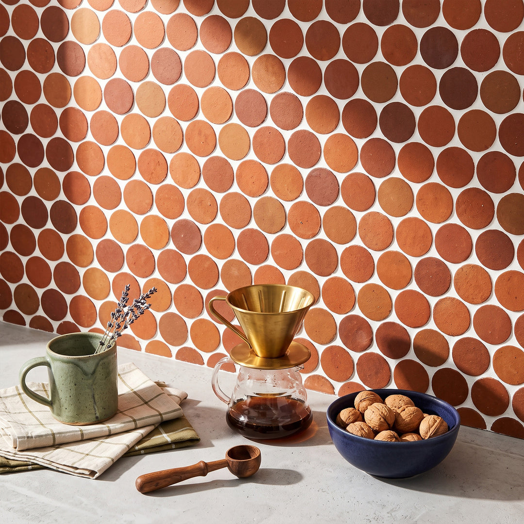 Zellige Bespoke Sundried Clay 2" Circle Glossy Terracotta Hand Cut Mosaic