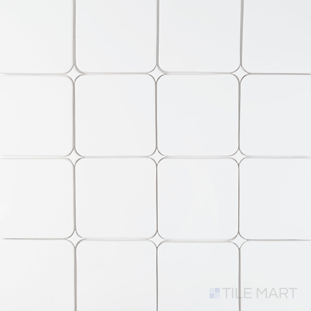 Full view of Curves Halo Ice 6x6 glossy ceramic tile showing symmetrical design and cool-toned glossy surface