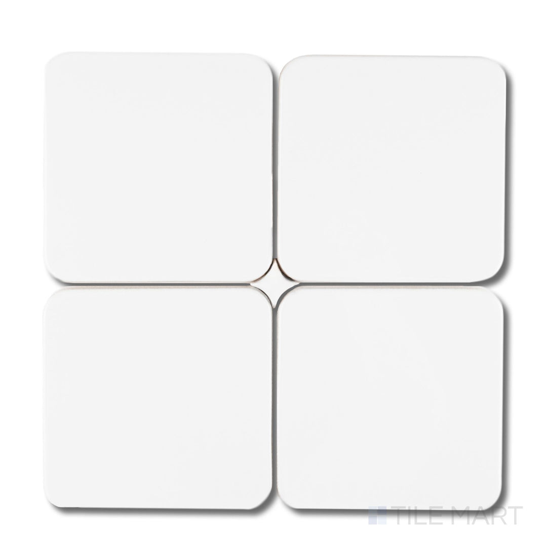 Curves Halo Ice 6x6 glossy ceramic tiles shown in a four-tile layout, featuring cool white finish, glossy texture, and gently rounded corners